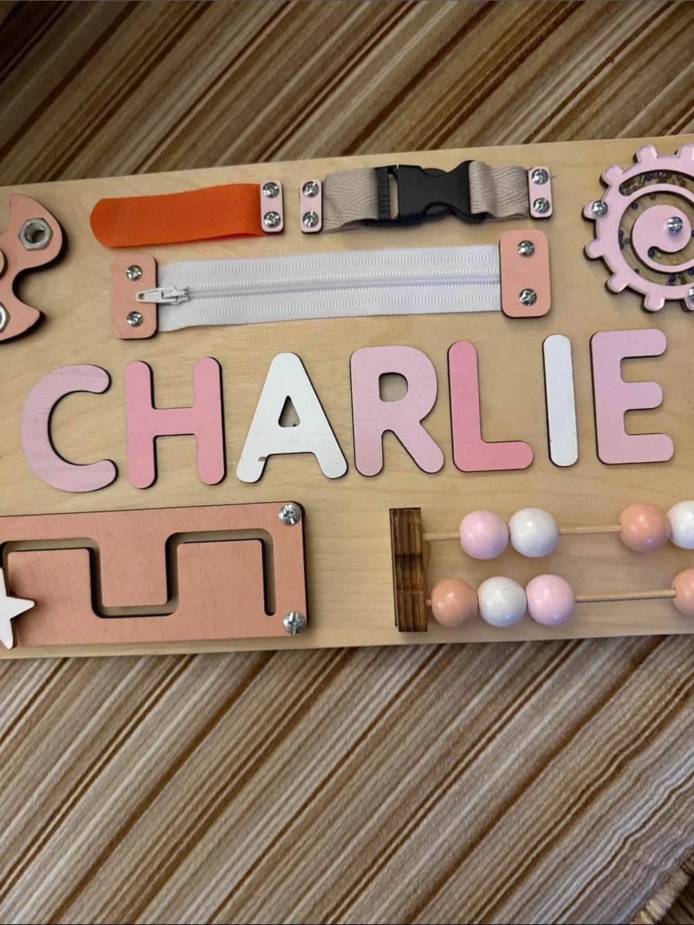 Wooden Activity Board for Girls- Personalized Pink and Natural for Charlie